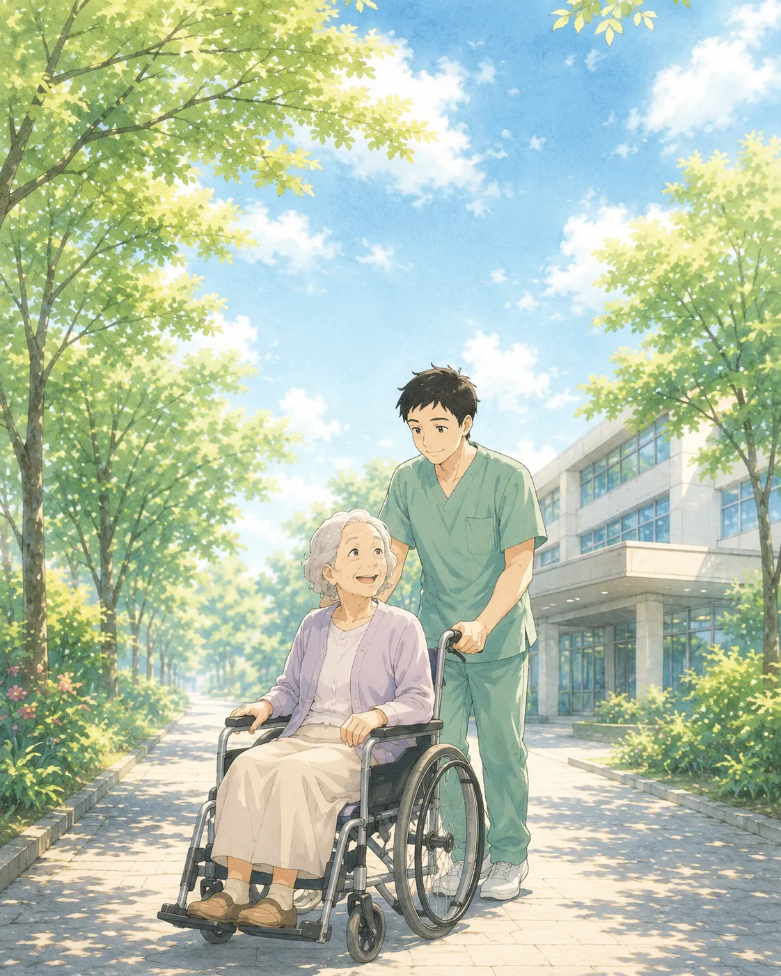 緑の並木道で車いすの高齢者に寄り添う男性看護師のイラスト