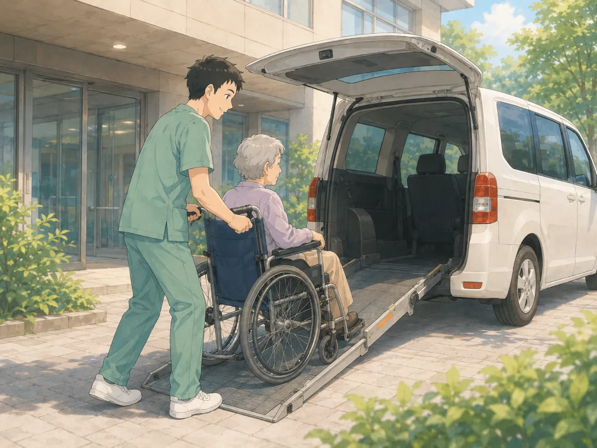 病院前で車いすの高齢者を車へ移動介助する男性看護師のイラスト