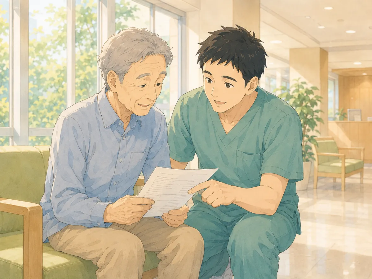 病院の待合で高齢の方と書類を確認する男性看護師のイラスト